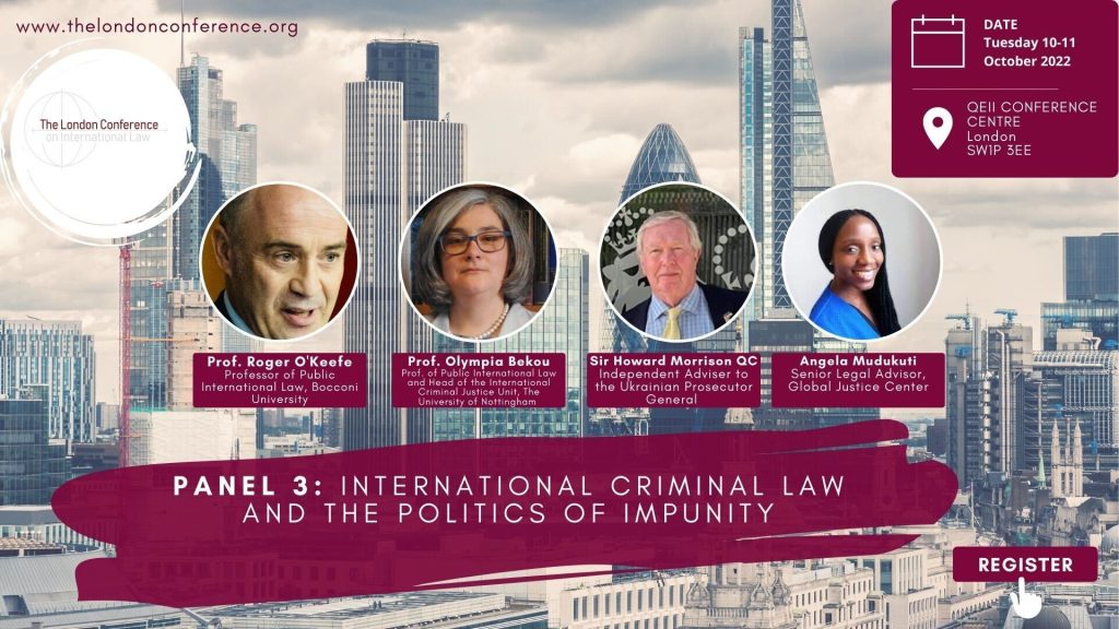 Graphic promoting "The London Conference on International Law: International Criminal Law and the Politics of Impunity"