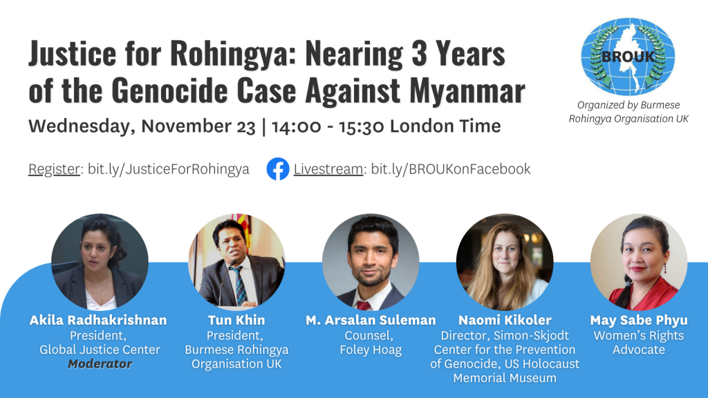graphic promoting event, "Justice for the Rohingya: Nearing 3 Years of the Genocide Case Against Myanmar"