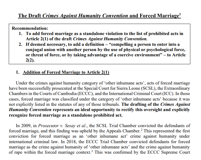 screenshot of document, "The Draft Crimes Against Humanity Convention and Forced Marriage"