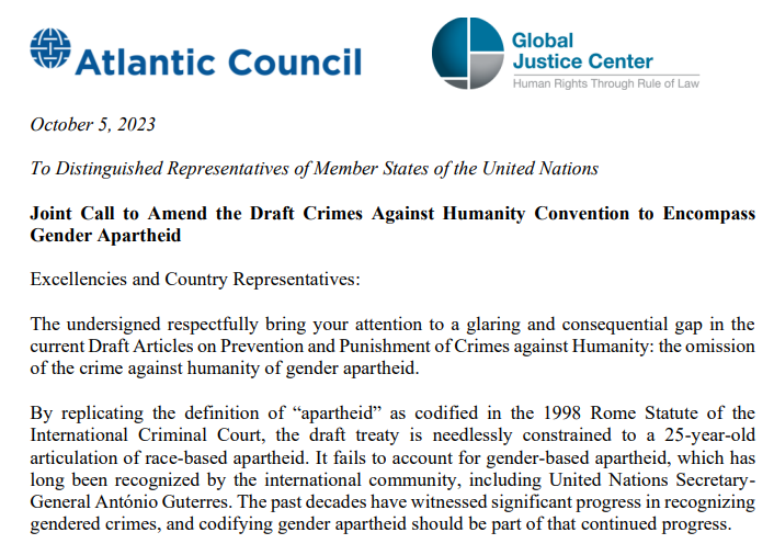 screenshot of document, "Joint Call to Amend the Draft Crimes Against Humanity Convention to Encompass Gender Apartheid"