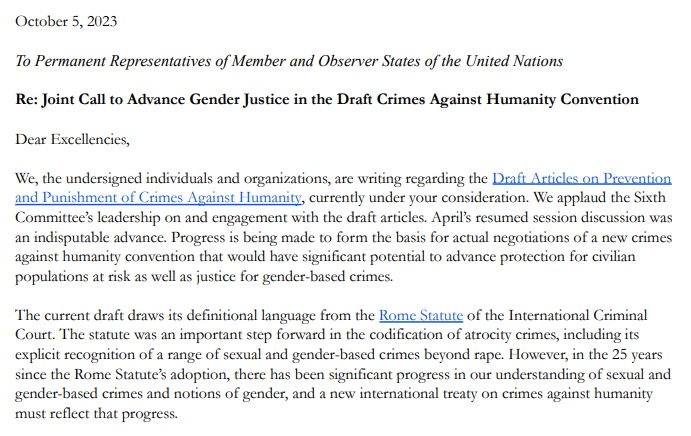 Gemeinsamer Aufruf zur Förderung der Geschlechtergerechtigkeit im Entwurf des Übereinkommens über Verbrechen gegen die Menschlichkeit
