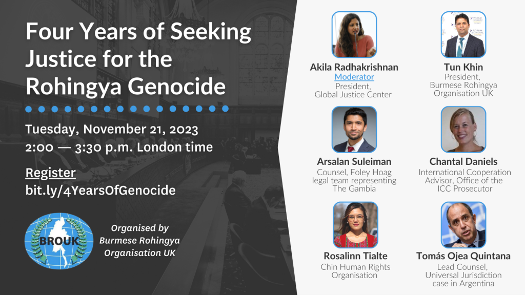 promotional graphic for event titled "Four Years of Seeking Justice for the Rohingya Genocide"