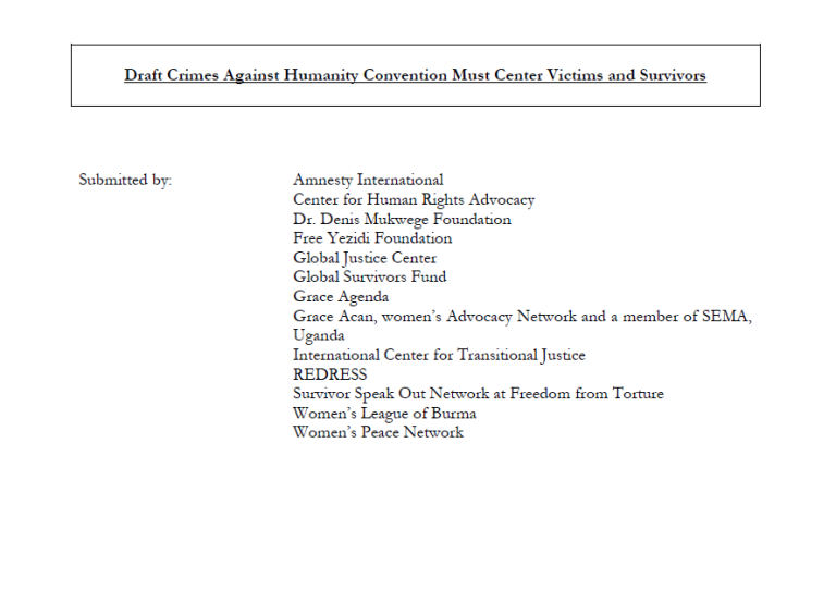 Screenshot des juristischen Briefings mit dem Titel „Entwurf eines Übereinkommens über Verbrechen gegen die Menschlichkeit muss Opfer und Überlebende in den Mittelpunkt stellen“