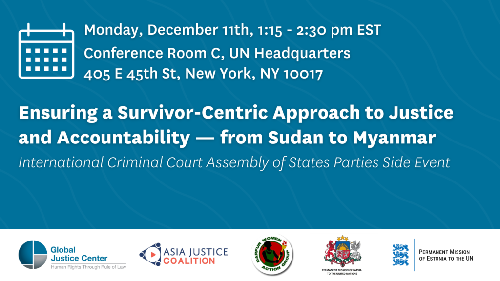 graphic promoting event, "Ensuring a Survivor-Centric Approach to Justice and Accountability - from Sudan to Myanmar"