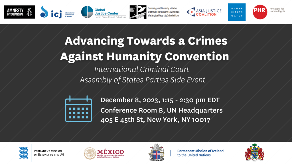 graphic promoting event, "Advancing Towards a Crimes Against Humanity Convention"
