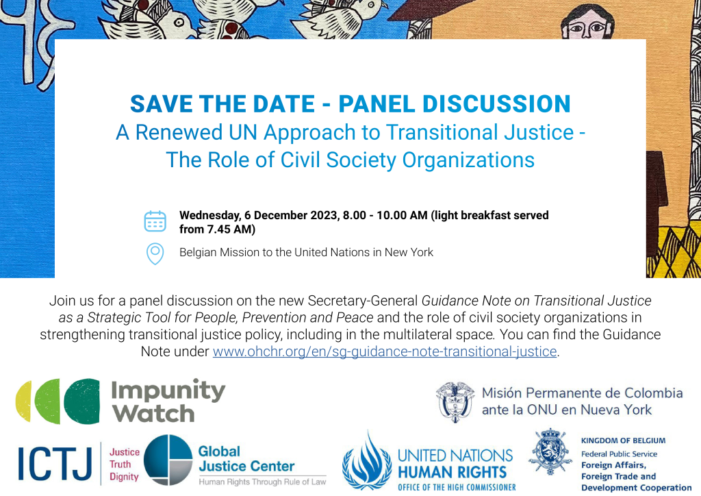 graphic promoting event, "Join us for a panel discussion on the new Secretary-General Guidance Note on Transitional Justice as a Strategic Tool for People, Prevention and Peace and the role of civil society organizations in strengthening transitional justice policy, including in the multilateral space"