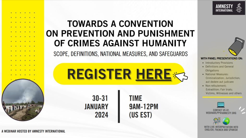 flyer promoting event, "Towards a Convention on Prevention and Punishment of Crimes Against Humanity: Scope, Definitions, National Measures, and Safeguards"