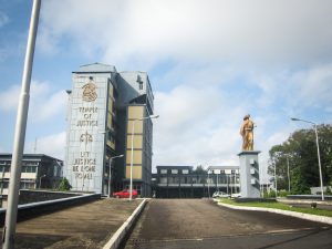 The entrance to Liberia's Temple of Justice courthouse building is shown.