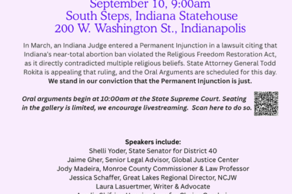 flyer for a rally in Indianapolis ahead of hearings in a case considering the religious freedom of abortion rights supporters