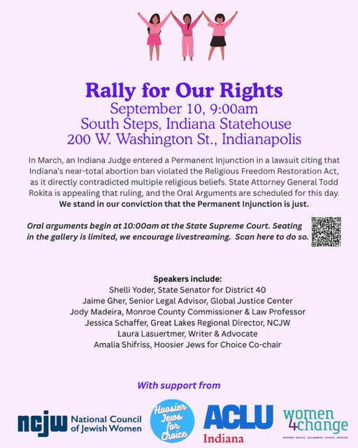 flyer for a rally in Indianapolis ahead of hearings in a case considering the religious freedom of abortion rights supporters